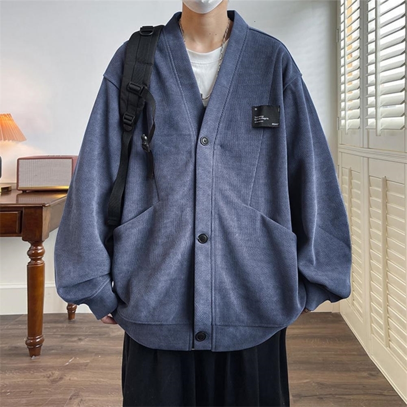 Comfortable Cardigan Mens Vneck Knitting Loose Sweater Coat with Pockets Fashionable Singlebreasted for Autumn y240813