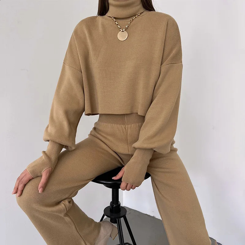 Knitted Set Women Elegant Ladies Turtleneck Pullover Long Pants 2 Piece Suit Female Winter Knit Casual Warm Sweater Outfits 240814