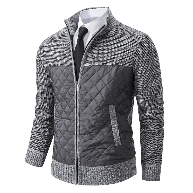 Autumn Winter Mens Sweatercoat Patchwork Cardigan Fashion Stand Collar Sweater Jackets Men Slim Cardigan Knitted Outerwear Man 240813