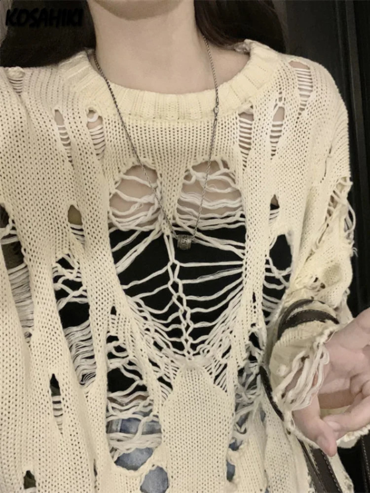 Spring Y2k Aesthetic Holes Hollow Out Womens Sweater Grunge Loose Cardigan Mujer Fashion Harajuku Streetwear Casual Pull Femme 240814