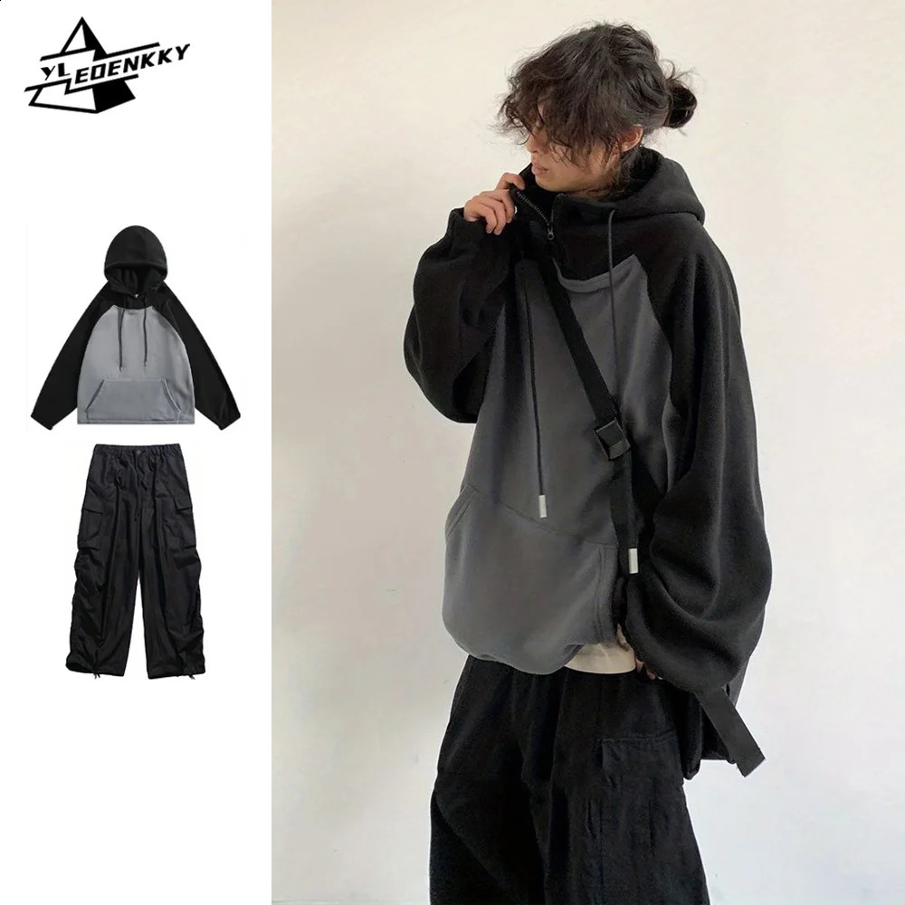 Large size mens patch work wool loose hooded sweatshirtcasual multi pocket wide leg cargo pants autumn couple set240813
