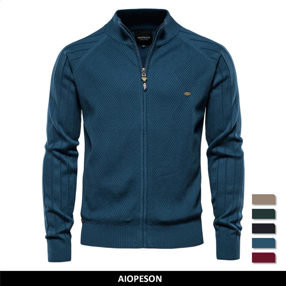 AIOPESON Argyle Solid Color Cardigan Men Casual Quality Zipper Cotton Winter Mens Sweaters Fashion Basic Cardigans for Men 240813