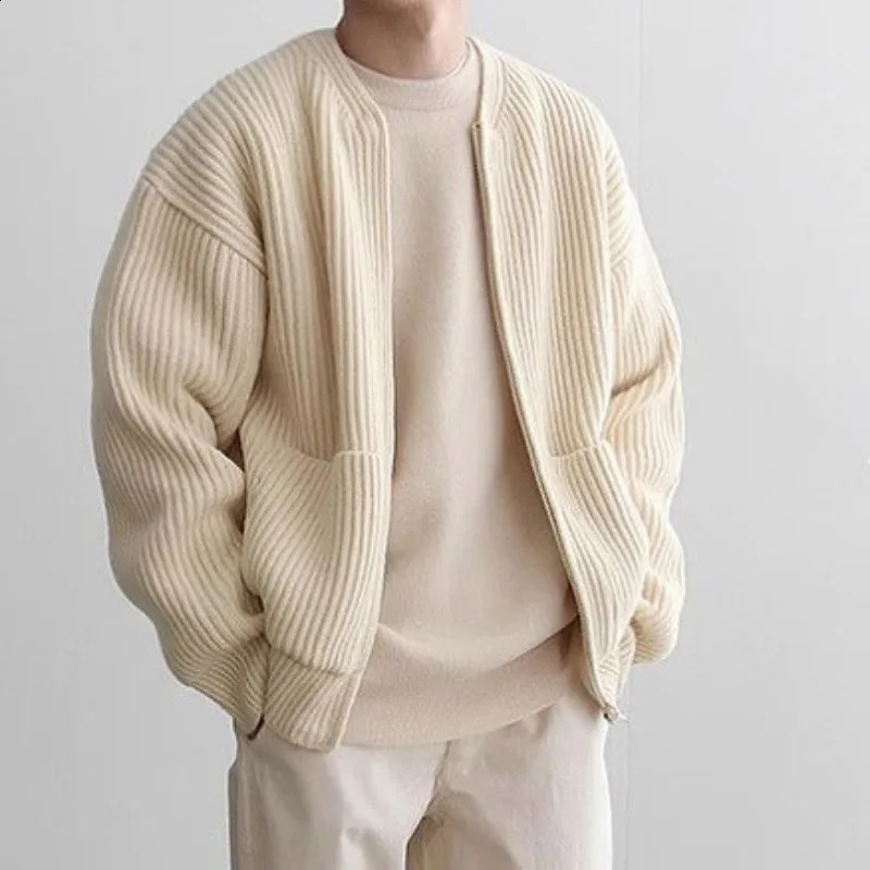 Mens Solid Color SlimFit Cardigan Zipper Sweater Autumn and Winter Coat Top Men Long Sleeve Stand Collar 240813