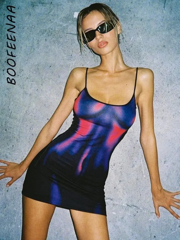 Boofeenaa Fashion Sexy Club Mini robe 3D Body Print Cami Cami Backless Bodycon Robes pour femmes Streetwear Y2k Tenues C16-BZ13 240814