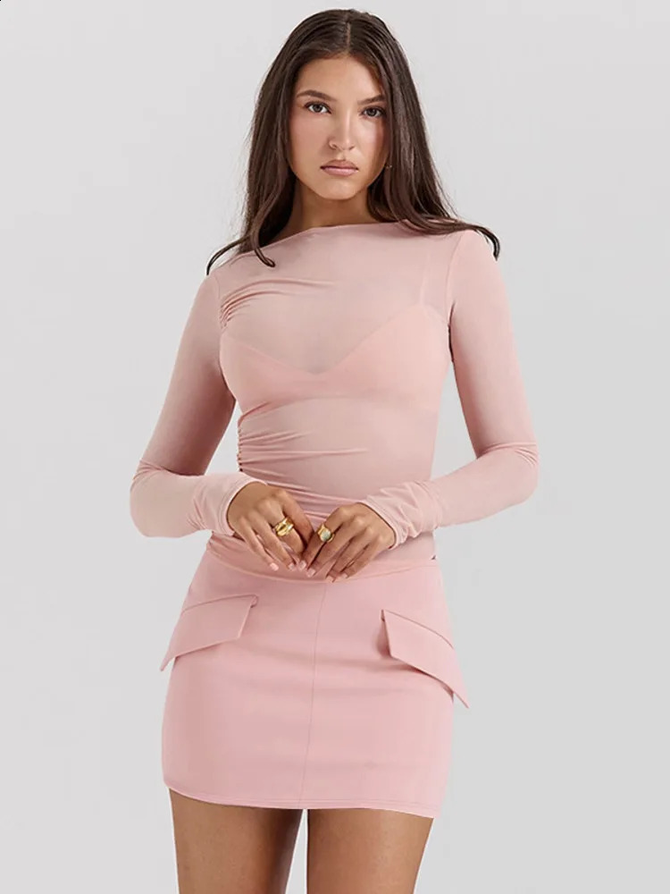 Robe sexy à manches longues mozision trois pièces Pocket O Tops de cou et mini-jupe assorties Bodycon Party Set 240813