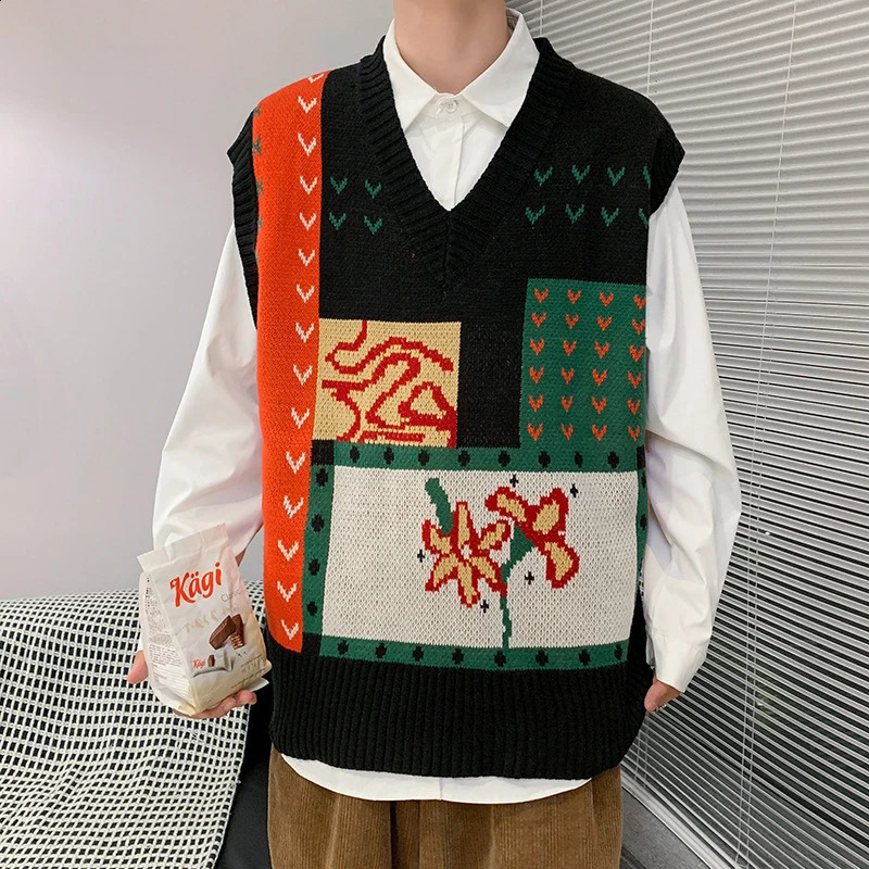 Spring Mens Sweater Vest Streetwear Vintage Y2K Patchwork Sleeveless Knit Tank Tops For Men Casual Loose V Neck Jumper Top 240814