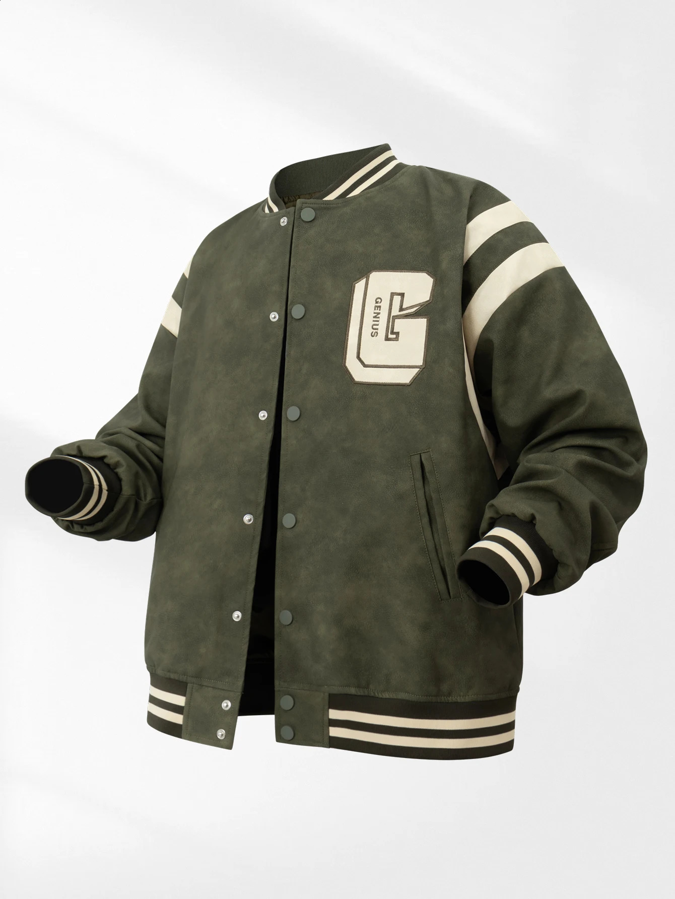 Mens artificial leather bomber jacket letter G school team jacket green retro graphic baseball jacket mens leather jacket240813