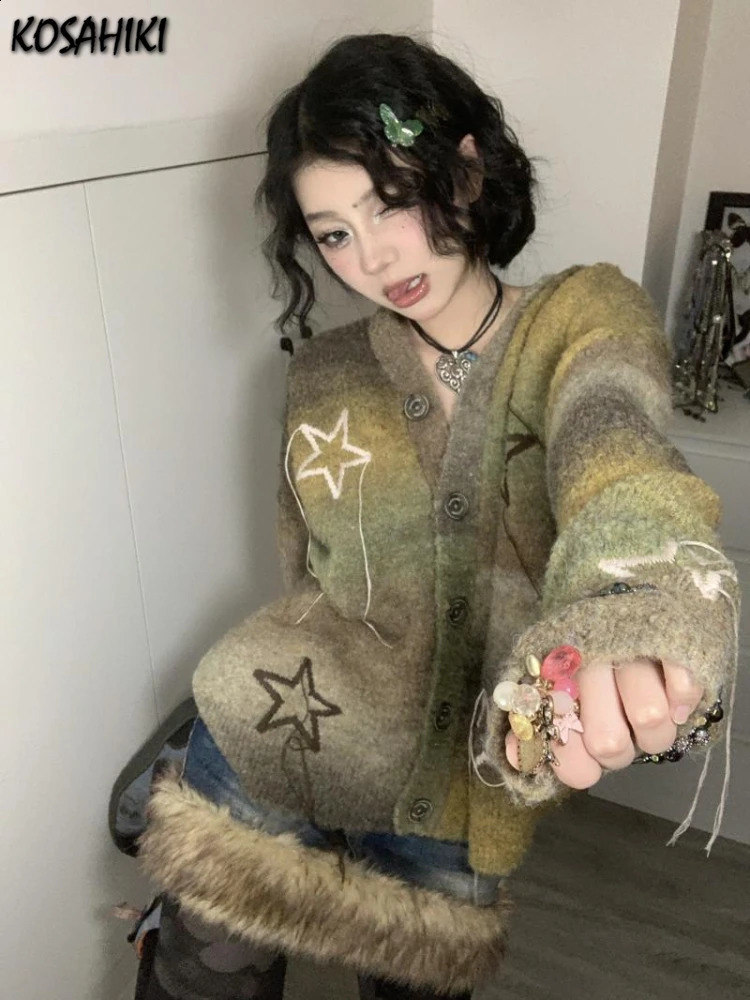 Vintage Loose Embroidery Star Grunge Cardigans Casual Women Single Breasted Sweaters Fashion Y2k Aesthetic Harajuku Knitwear 240814