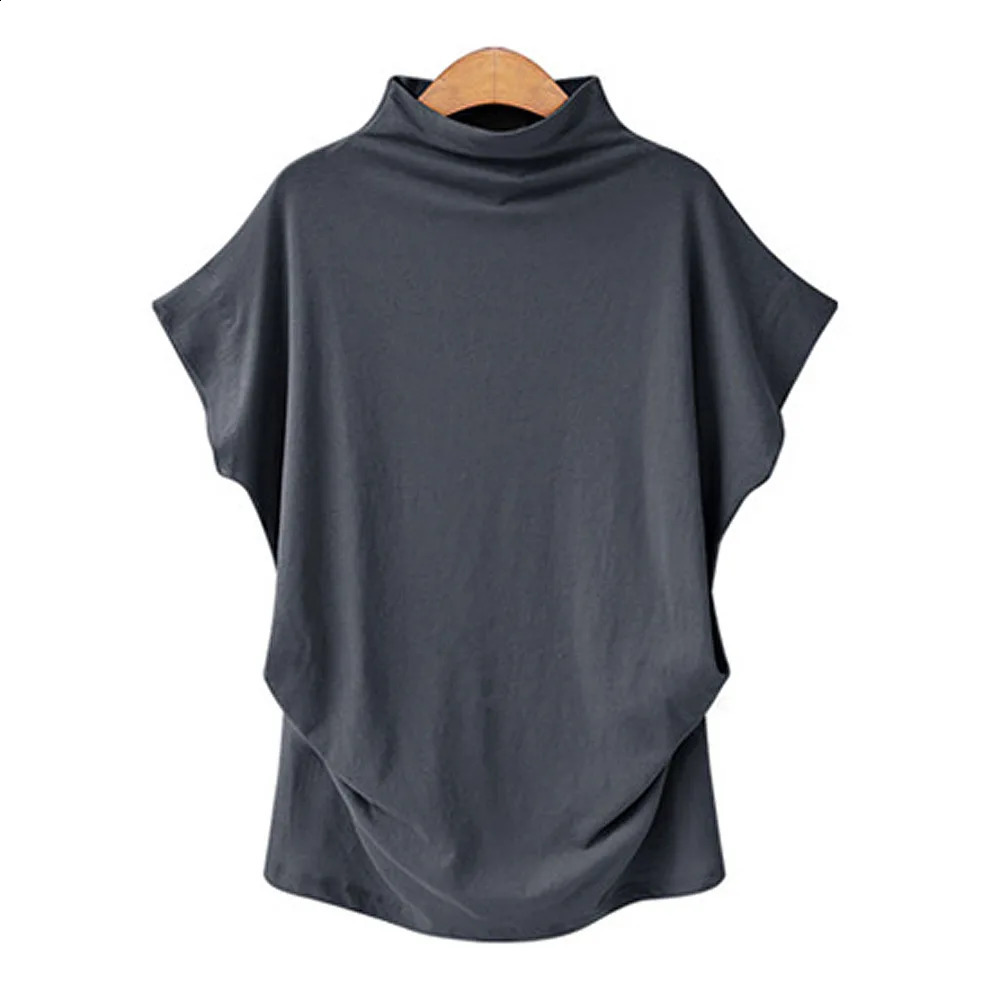 5XL Women Summer TShirt Short Batwing Sleeve Loose Solid Gray Turtleneck Tee Shirt 2023 TShirts Femme Tees Tops 240813