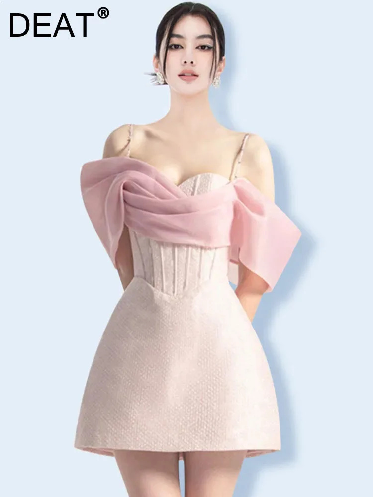 DEAT 2024 Summer Splicing Gauze Womens Project Camisol Short Sleeve Slant Collar Party Dress Womens Fashion 15iPadOS 331 240814