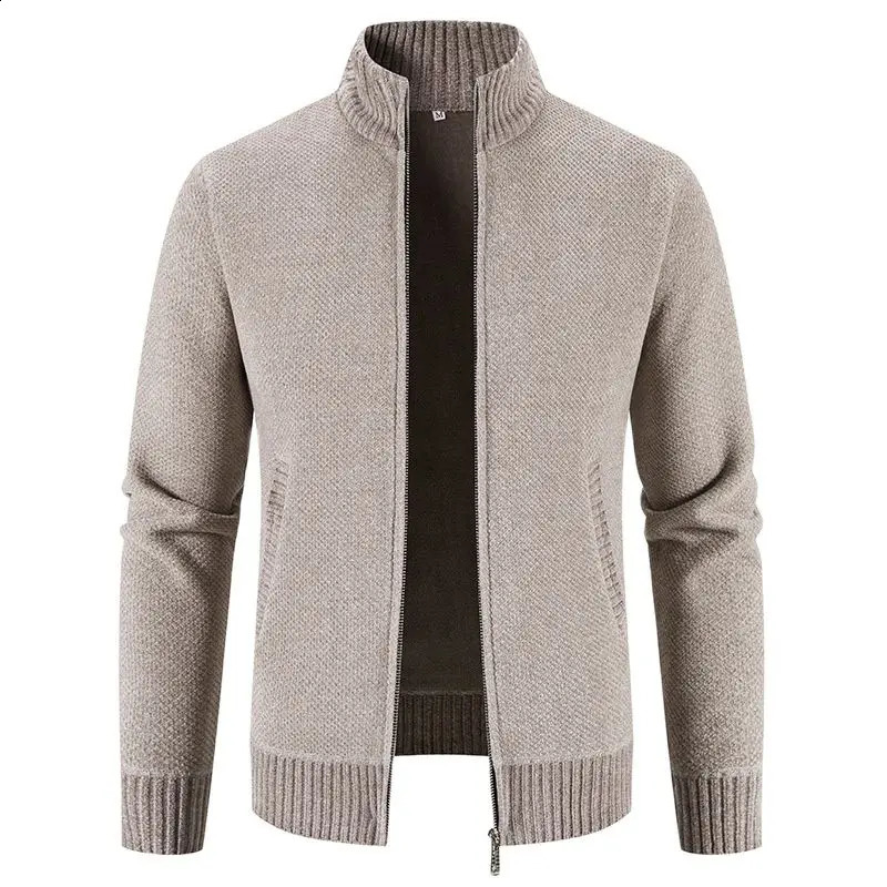 Autumn Winter Sweaters Men Fleece Cardigan Warm Knitted Sweatercoat Mens Solid Stand Collar Zipper Slim Knitwear Coat 240813