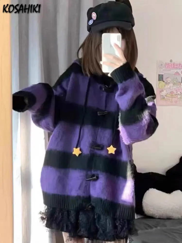 Y2k Aesthetic Star Patchwork Cardigan Femme Striped Vintage Pull Spring Mohair Harajuku Hooded Fashion Women Sweaters 240814