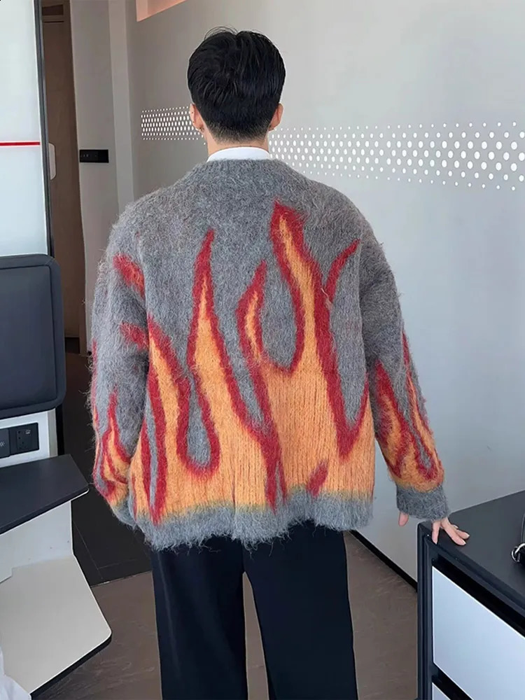 Casual Contrast Mens Cashmere Cardigan Autumn Winter Thicken Warm Single Breasted Knitted Coat Street Jacquard Sweater Jacket 240813