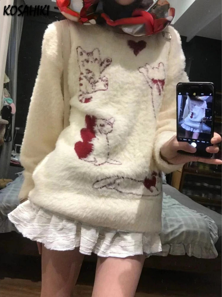 Japanese Cartoon Sweet Kawaii Cat Women Sweaters Winter Grunge Loose Pullovers Y2k Aesthetic Loose Vintage Knitted Jumpers 240814