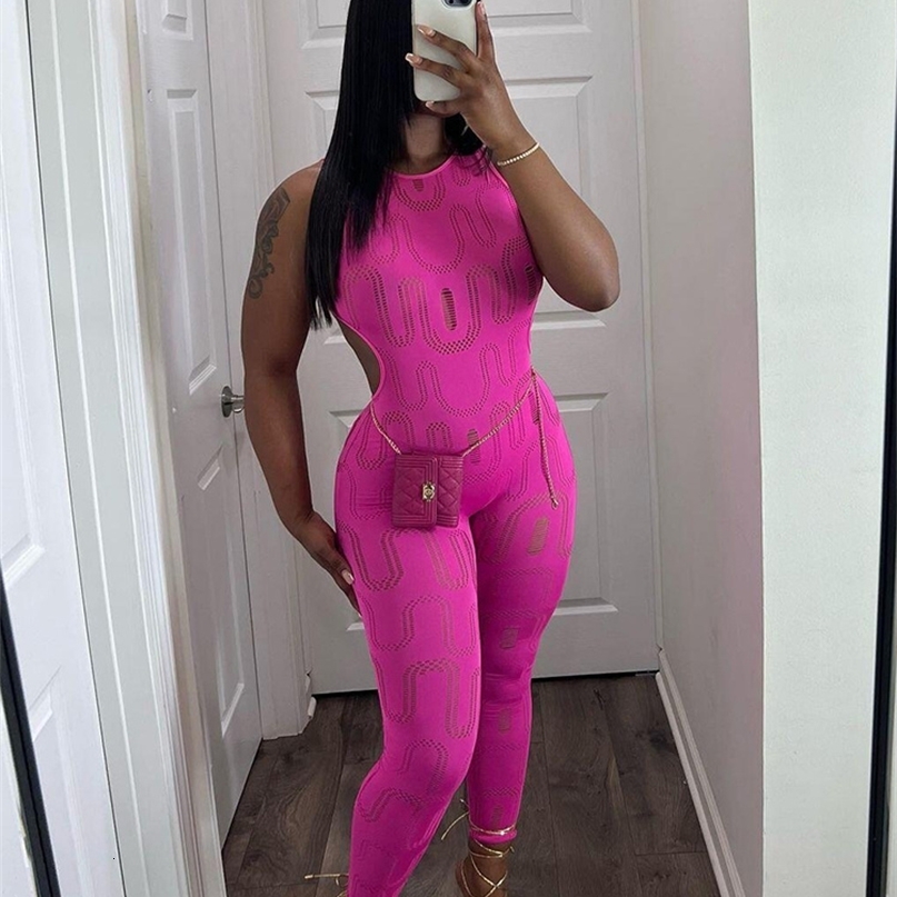 kliou Summer Women Jumpsuit Sexy Hollow Out Half Backless Body-shaping One Piece Clothing Solid Sleeveless Workout Gym Overall 240813