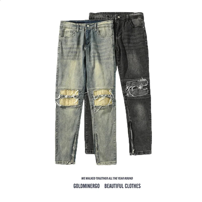 Mens loose straight high street hole pocket jeans mens hole hip-hop street clothing dad jeans240813