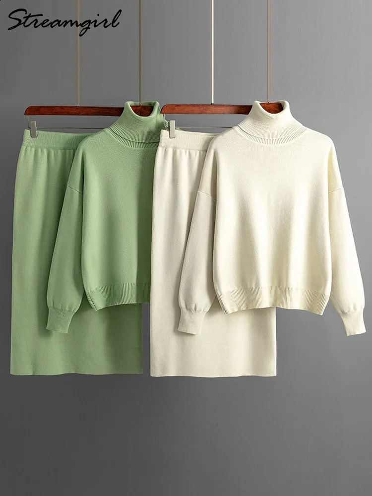 Pull et jupe à col roulé à l'automne pour femmes pour femmes tricoter deux morceaux d'hiver ensembles pull en jupe féminine de costume blanc et h