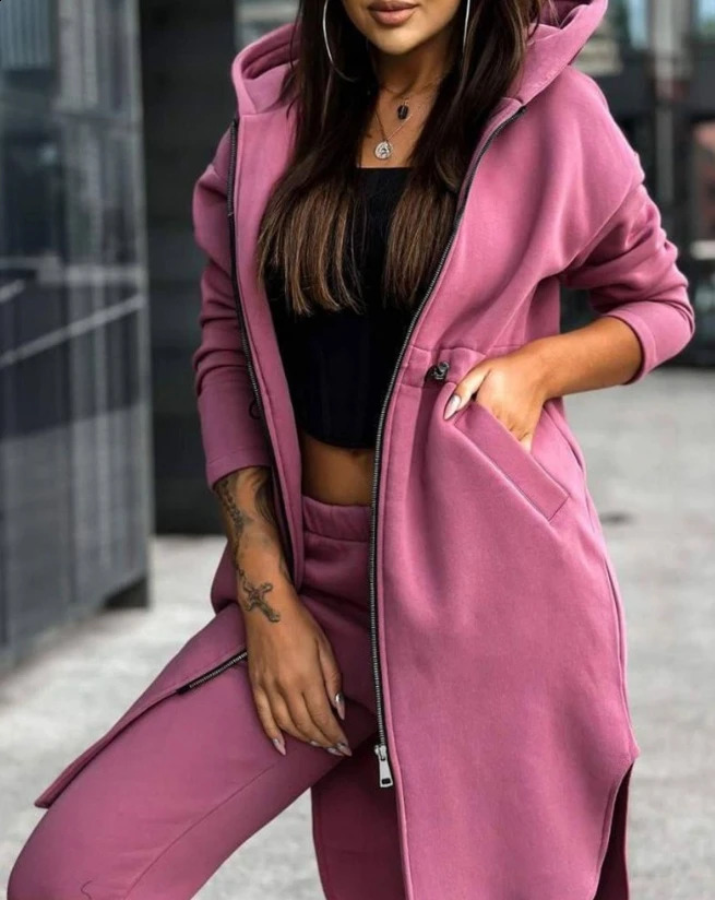 Womens Sweatpants Sets Autumn/winter Fashion Zipper Longline Hooded Coat Casual Cuffed Pants Two Piece Suit 240815