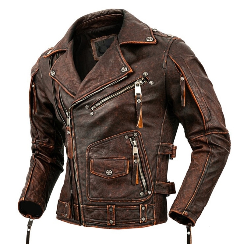 Motorcycle Cowhide Genuine Leather Jacket Men Slim Stone Milled Retro Calfskin Coat Moto Biker Riding Clothes y240814