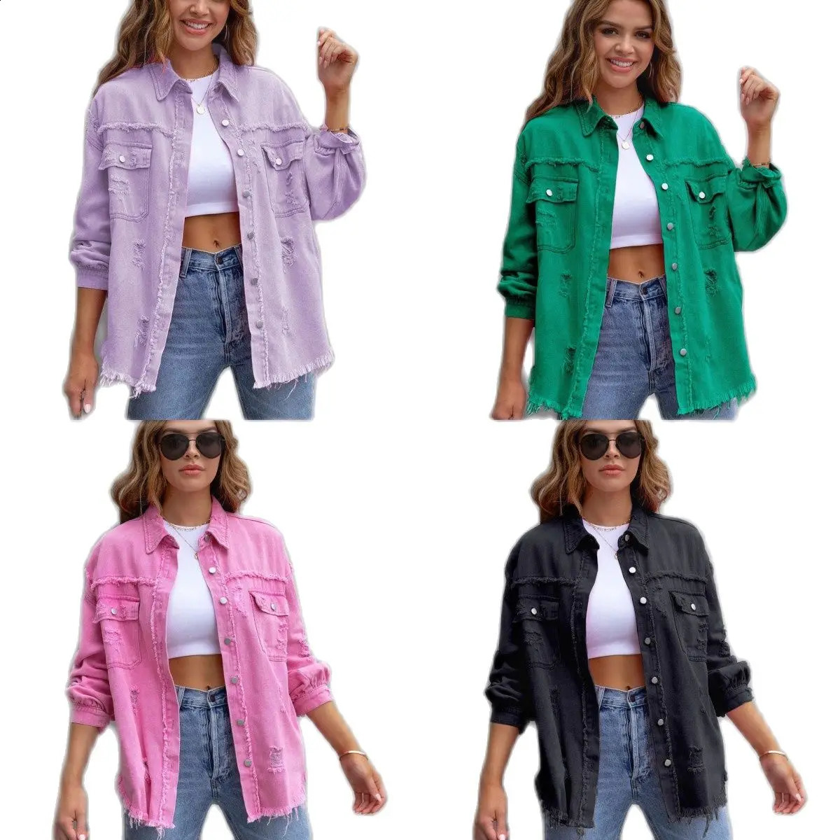 Spring womens long sleeved open top loose denim jacket fashionable mid length fringe denim jacket casual womens S-XL 240814