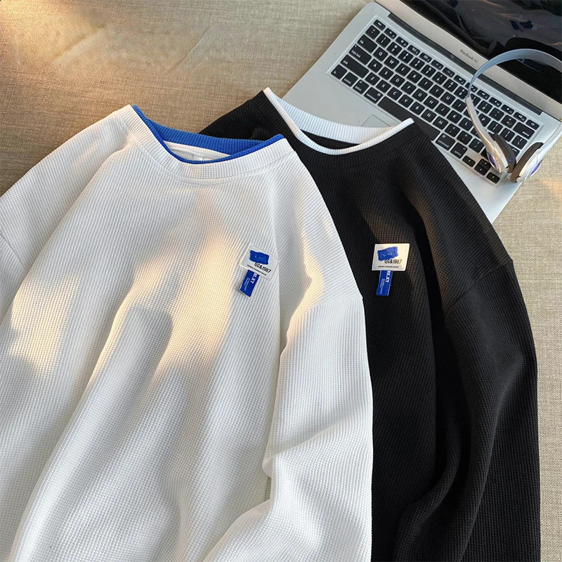 Waffle Fabric Faux Sweatshirts Patchwork en deux pièces pour hommes Sweat-shirt de cou de l'équipage en vrac PLUS TAILLE COUPLES SPORT PLAIS 2408