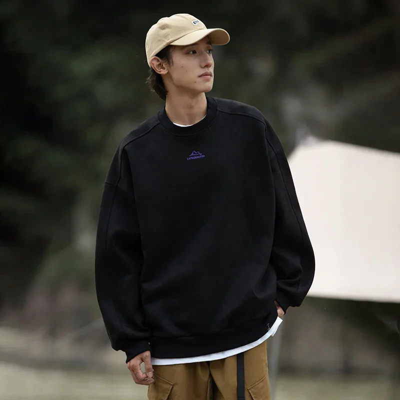 TFETTERS Autumn Winter Suede Sweatshirt Men SLong Sleeved Solid Color O Neck Retro Baggy Pullovers Fashion Couple Outfits 240814