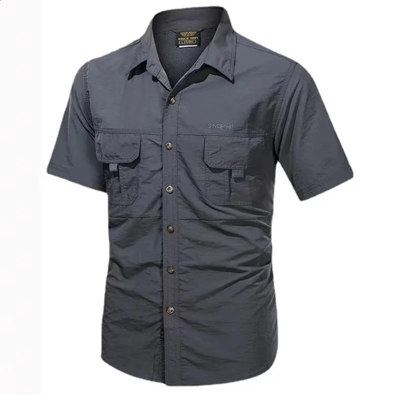 Summer Cargo Shirts for Men Short Sleeve 2-Pocket Outdoor Casual Shirt Quick-dry Tops Lapel Single-Breasted Mens Shirts 240815