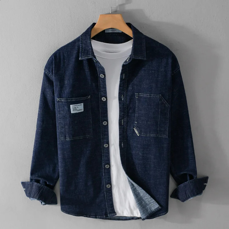 Washed Denim Shirt Mens Clothing Casual Wear Retro Distrssed Cargo Jeans Tops Long Sleeve Pockets Loose Oversized Fashion 240815