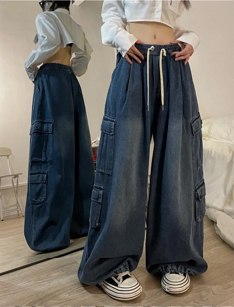 Grunge vintage big poche surdimensionné de cargaisons baggy jeans féminin élastique pantalon de jambe large pantalon denim femmes 240815