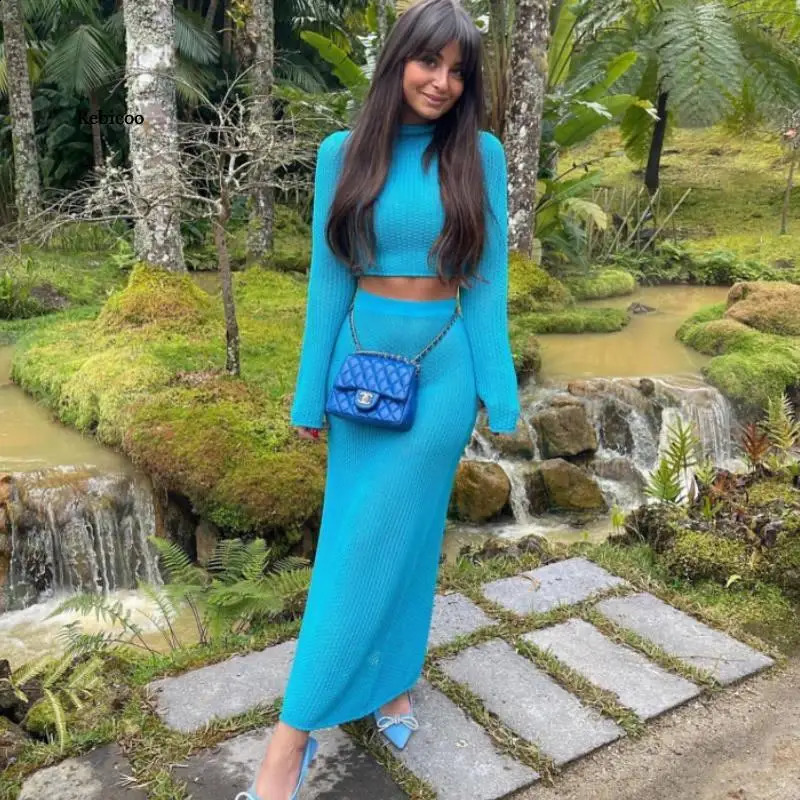 Costume bleu femme robe de jupe Sunmner Hollow out tricoté à manches longues t-shirts hauts enveloppe haute jupe deux cochons 240815