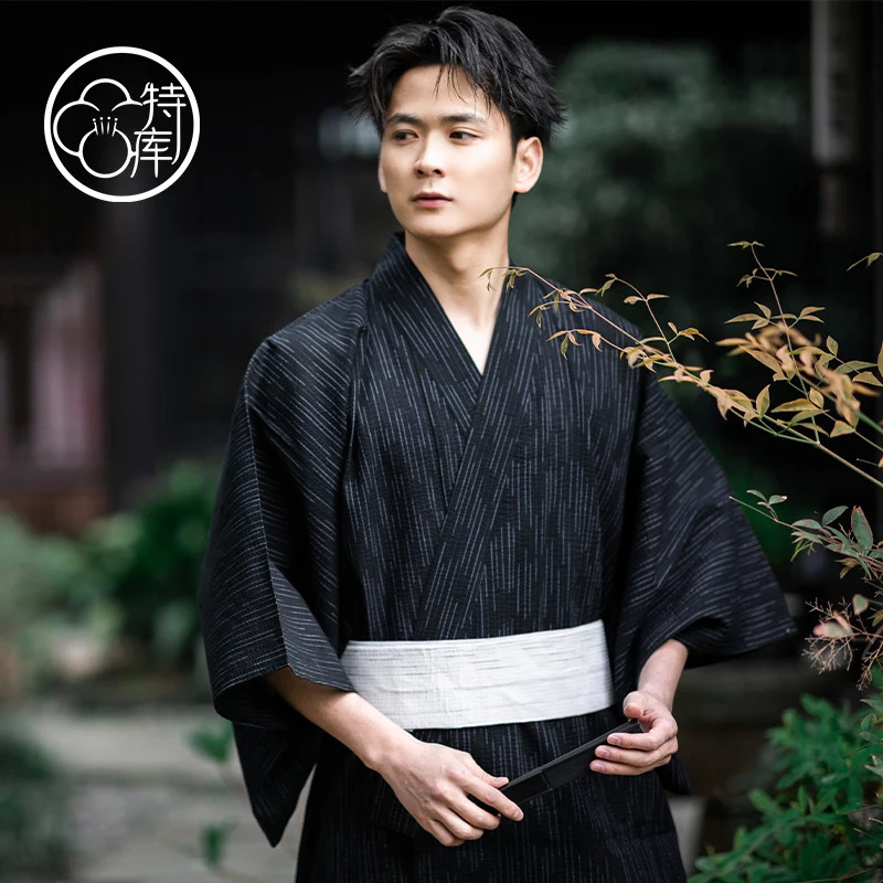 Traditional Japanese KIMONO Fashion YUKATA Summer Men Long Robes With Belt 95% Cotton Pajamas Set Male Sleepwear Bathrobe 240814