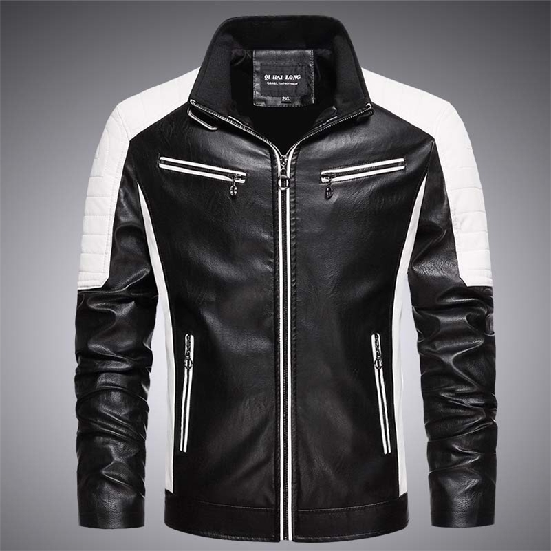 Mens Motorcycle Pu Leather Jacket Pocket Zipper Quality Faux Fur Male Clothing Autumn Winter Stand Collar Windproof Men Coats y240814