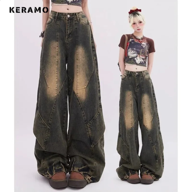 Womens Retro Wide Leg Baggy Denim Trouser Harajuku Washed High Waist Loose Jeans Summer Casual Oversized Full Length Pants 240815