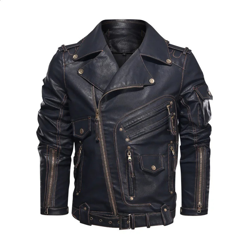 2024 Mens Motorcycle MultiPocket Tough Guy PU Leather Lapel Coat 240814
