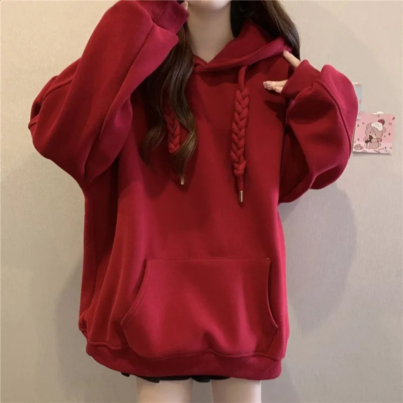 QWEEK Korean Style Hooded Sweatshirts Christmas Red Womens Hoodie Oversize Long Sleeve Pullovers Autumn Winter Warm Fashion 240815