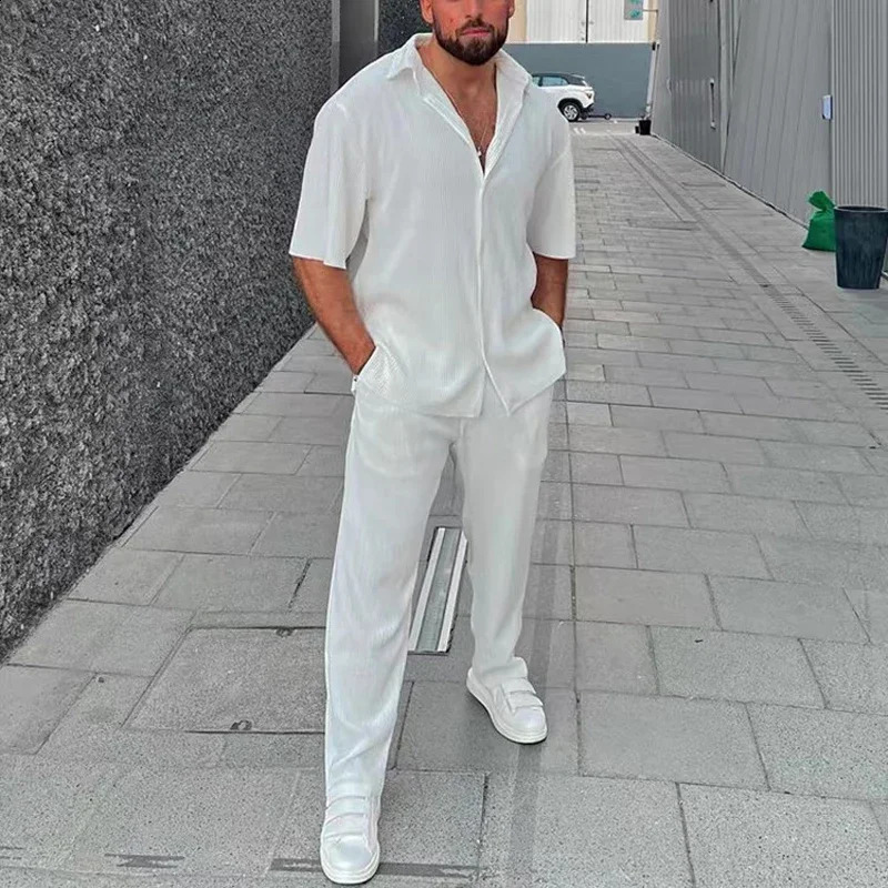Spring Summer Mens Solid Striped Suits Loose Turndown Collar Short Sleeve Shirt And Pants Sports Oversized Twopiece Set 240814