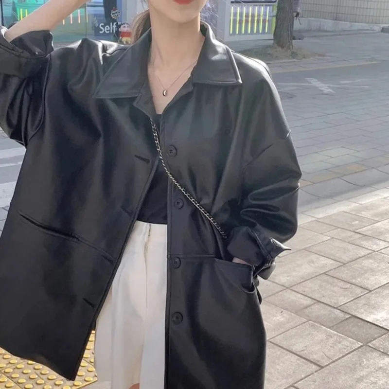 Korean Pu Leather Soft Black Jackets Long Sleeve Waterproof Coats Streetwear Retro Oversized Turn Down Collar Suits For Women 240815