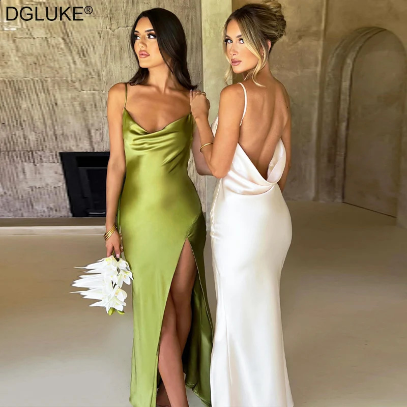Spaghetti Strap White Long Satin Dress Elegant Party Dress For Women Summer High Slit Backless Formal Occasion Dresses Maxi 240815