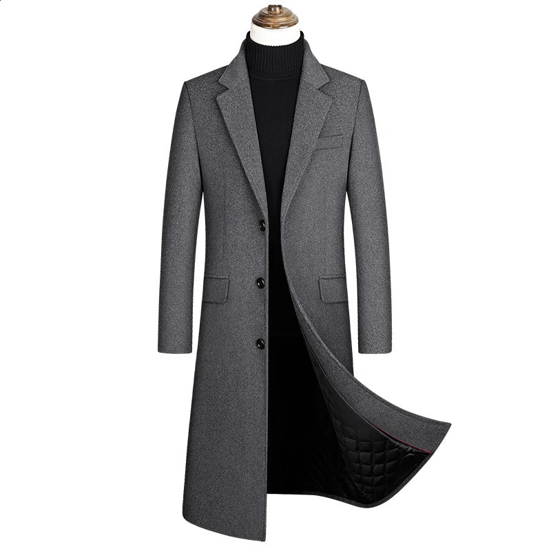 2024 Autumn and Winter Boutique Woolen Black Gray Classic Solid Color Thick Warm Mens Long Wool Trench Coat Male Jacket 240814