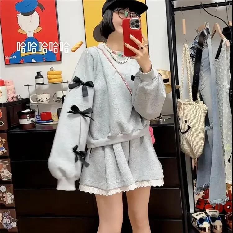 Bow trendy womens sweatshirt Korean style suit loose spring fashion long-sleeved round neck suit k pop clothes 240815