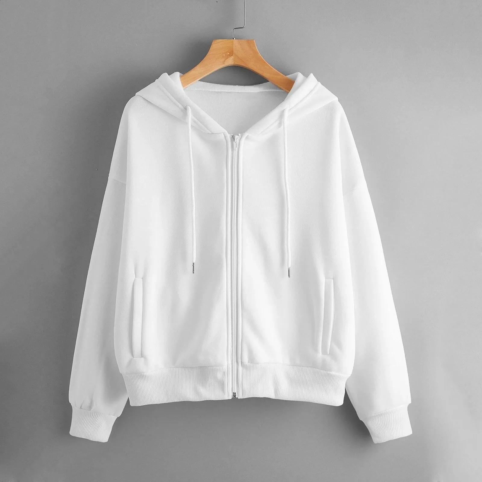 Korean Fashion Solid Zip Up Hoodies Sweatshirts Women Sport Casual Loose Hooded Drawstring Jackets Pocket Kpop Moletom 240815