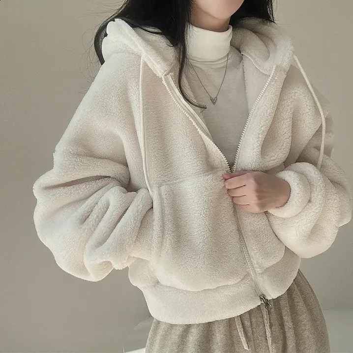 Thick Warm Loose Cropped Hoodies Solid Color Lambhair Zipper All Match Coat Korean Fashion Chic Lantern Sleeves Coats 240815