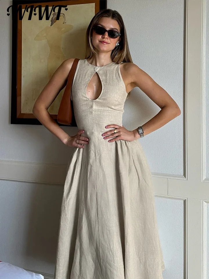 Robe Maxi plissée ajourée pour femmes, élégante, couleur unie, boutons, col rond, sans manches, été, Robes de soirée, de bureau, 240815