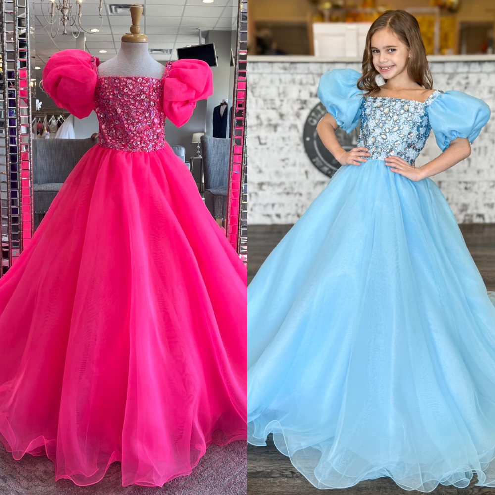 Robe de concours de beauté rose vif pour fille, robe de bal à manches bouffantes et perles, robe de soirée de cocktail formelle d'anniversaire po