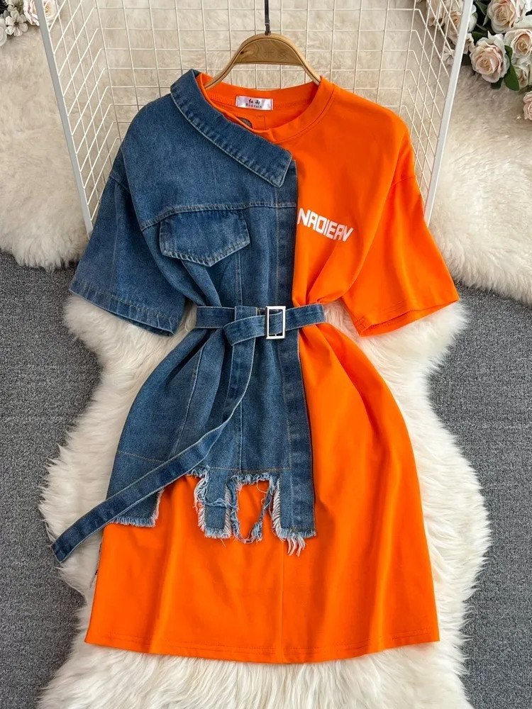 Elegant summer womens patchwork denim shirt retro casual slim fit top with belt womens fashionable lapel clothes 240814