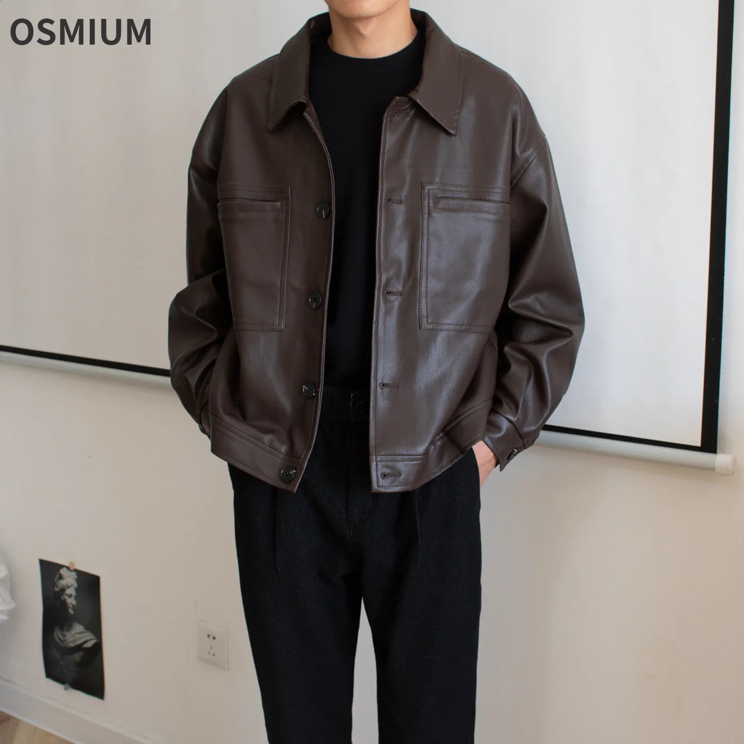 Men Korean Style Faux Leather Jacket for Male Loose Short Motorcycle Oversize Brown Retro Button PU Moto Coat 3XL 240814