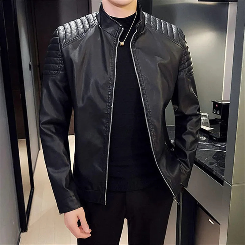 2023 Autumn Winter Leather Jacket Men Slim Casual PU Coat Moto Biker Stand Collar Solid High Quality Korean Jakcets Man 240814