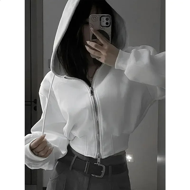 Sweats à capuche à fermeture éclair recadrée Femmes blanc décontracté Y2k Vintage Preppy Style Sweet-shirt coréen Streetwear Harajuku Fashion 240