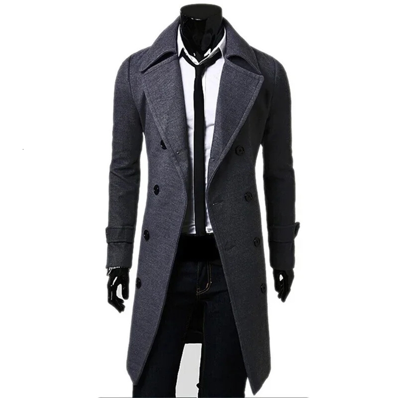 Mens Double Breasted Trench Coat Wool Blend 2023 Autumn Winter Solid Casual Slim Fit Long Jacket Fashion Clothing y240814