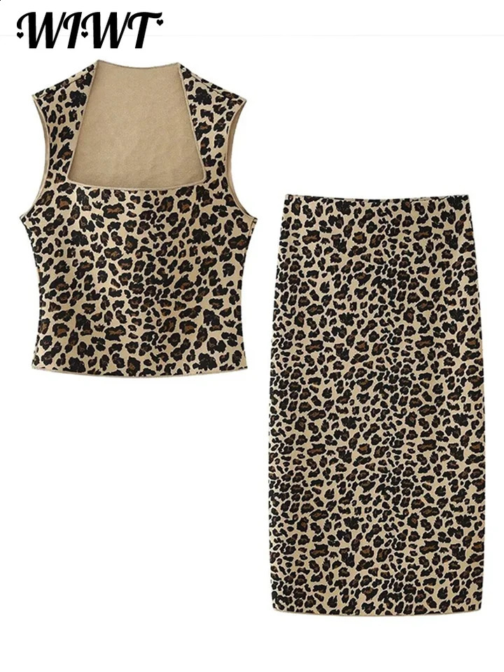 Leopard Print Tank Top Skirts Set Women Chic Square Collar Sleeveless Vest Slim Long Skirt Summer Lady Elegant Outfits 240815